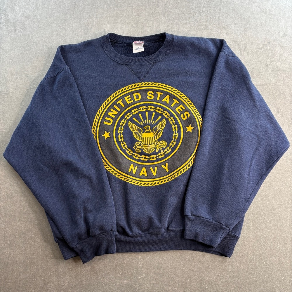 Vintage US Navy Sweatshirt Mens L Blue Soffe Shirts Fleece Crewneck Graphic 90s